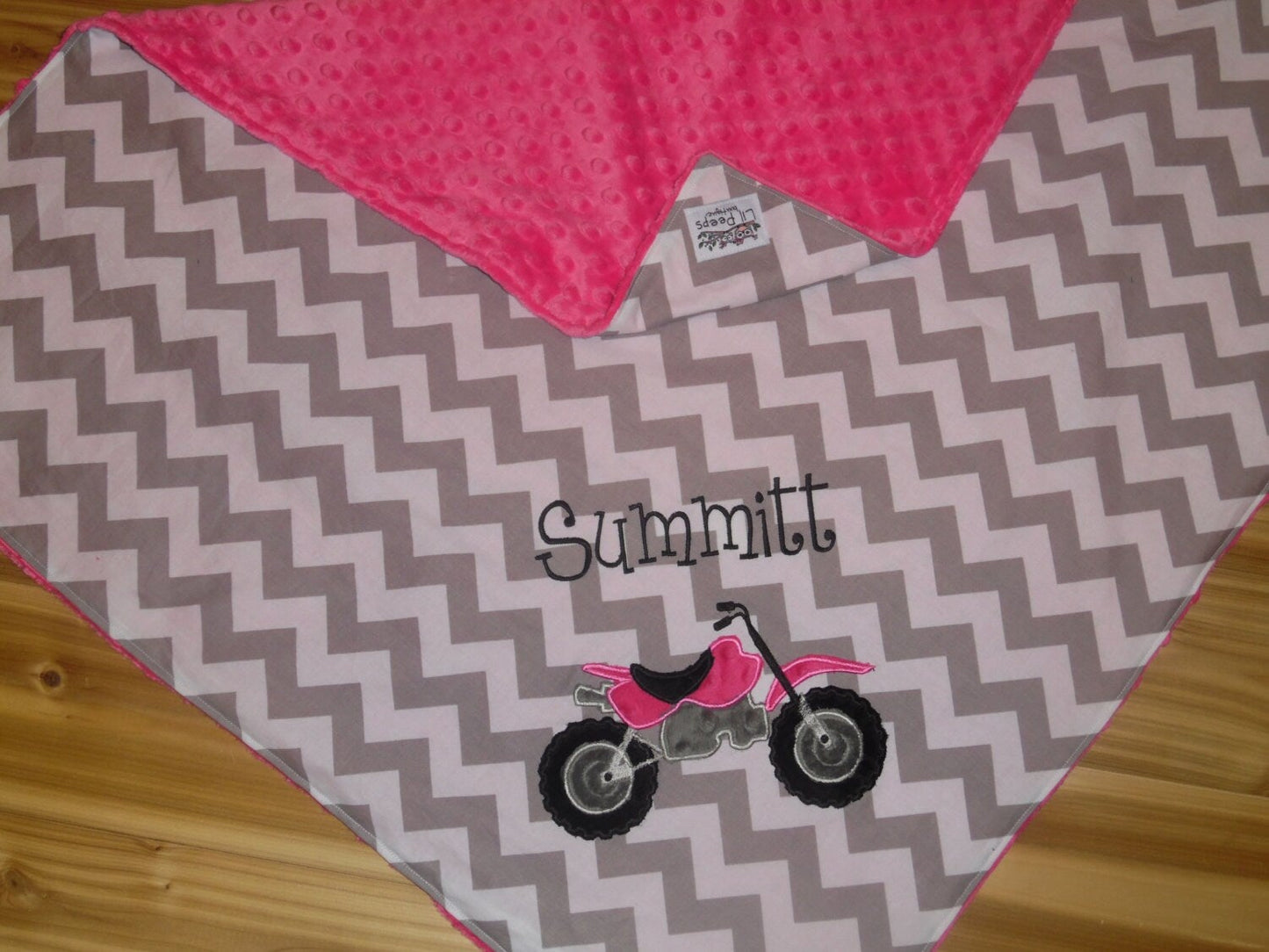 Dirt Bike- Personalized Minky Baby Blanket - Gray Chevron / Pink Minky - Embroidered Dirt Bike