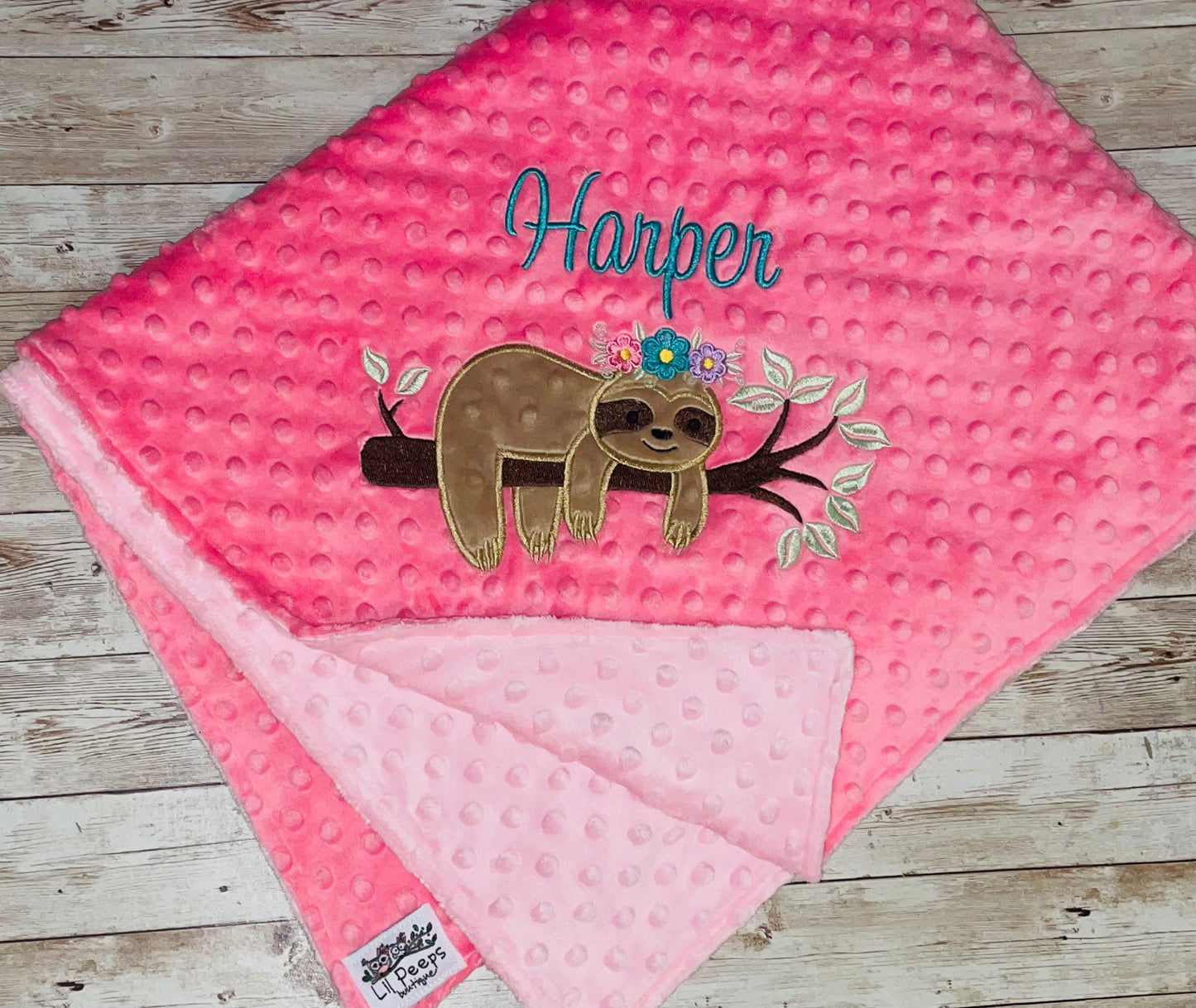 Girl Sloth - Personalized Minky Blanket - Pink Minky - Embroidered Girl Sloth