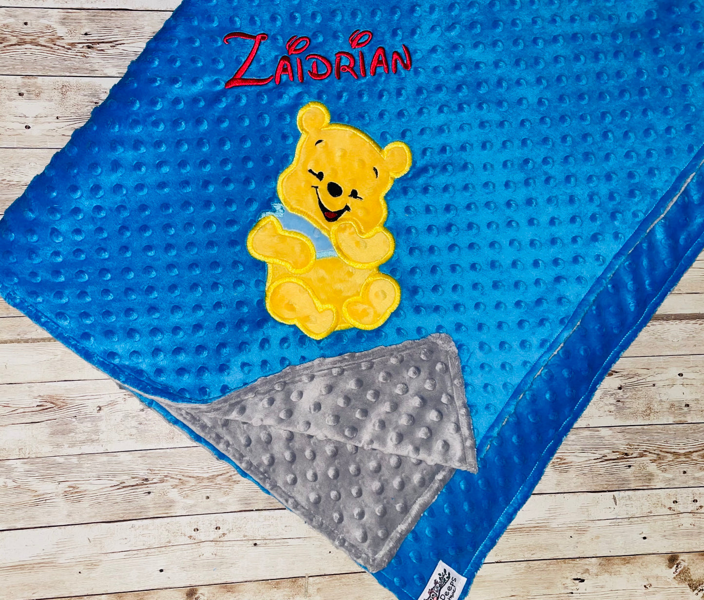 Personalized Winnie the Pooh Minky Baby Blanket - Blue and Gray Minky - Custom Monogram