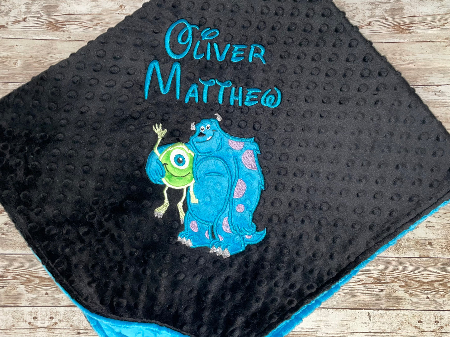 Mike and Sully - Personalized Minky Blanket - Black and Blue Minky