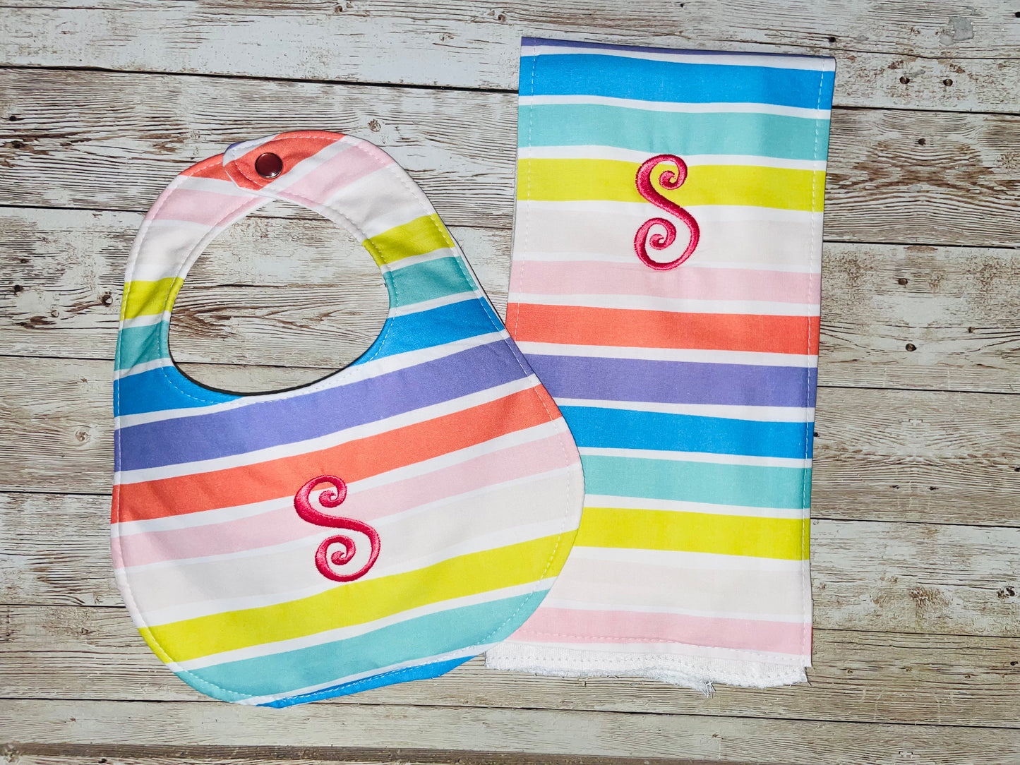 Personalized Rainbow Boutique Bib and Burp Cloth set