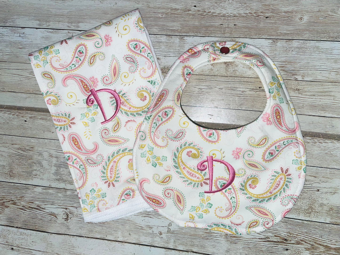 Personalized Boutique Bib and Burp Cloth Set - Paisley