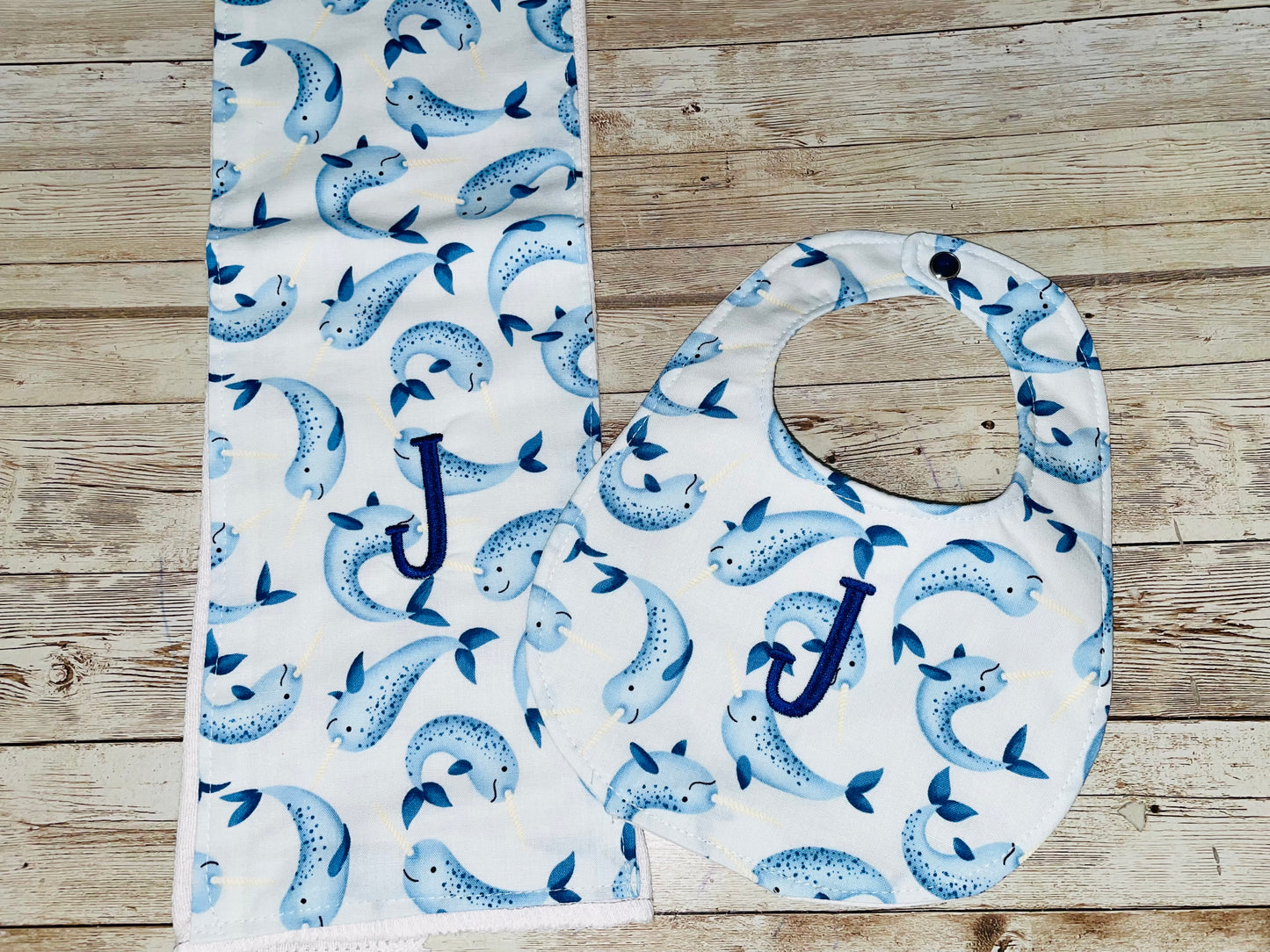 Personalized Boutique Bib and Burp Cloth Set - Narwhal