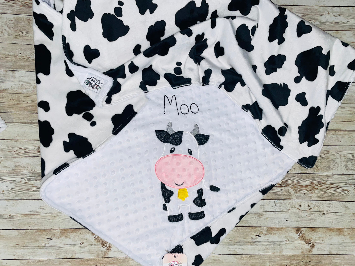 Cow- Personalized Minky Baby Blanket - White / Cow Minky - Embroidered Cow