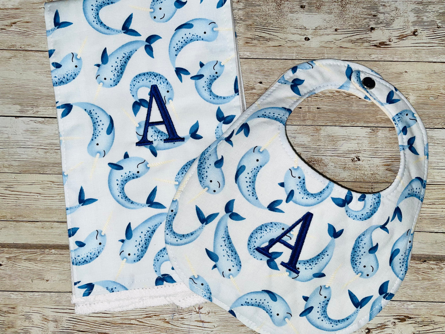 Personalized Boutique Bib and Burp Cloth Set - Narwhal