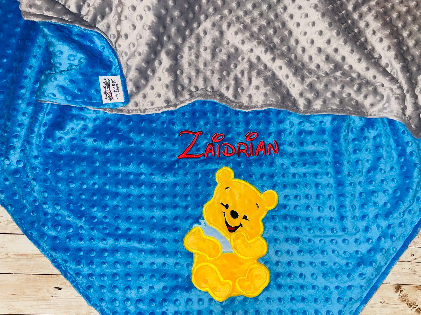 Personalized Winnie the Pooh Minky Baby Blanket - Blue and Gray Minky - Custom Monogram