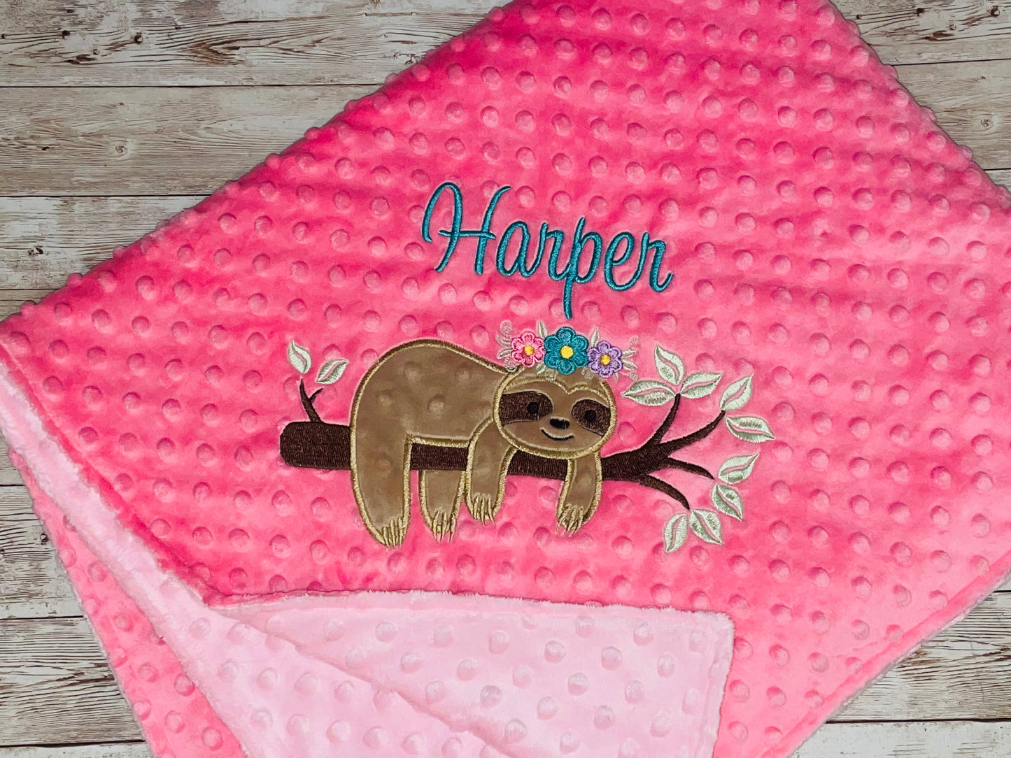 Girl Sloth - Personalized Minky Blanket - Pink Minky - Embroidered Girl Sloth