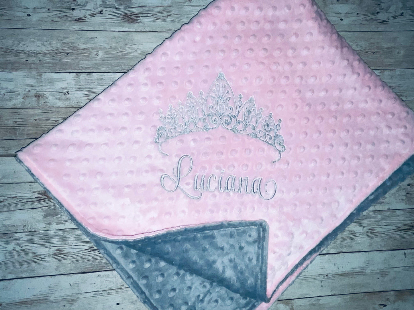 Personalized Crown Minky Blanket - Gray and Pink - Custom Monogram