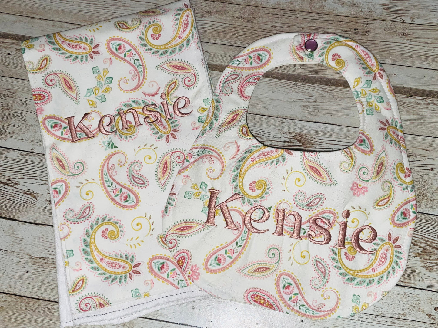 Personalized Boutique Bib and Burp Cloth Set - Paisley