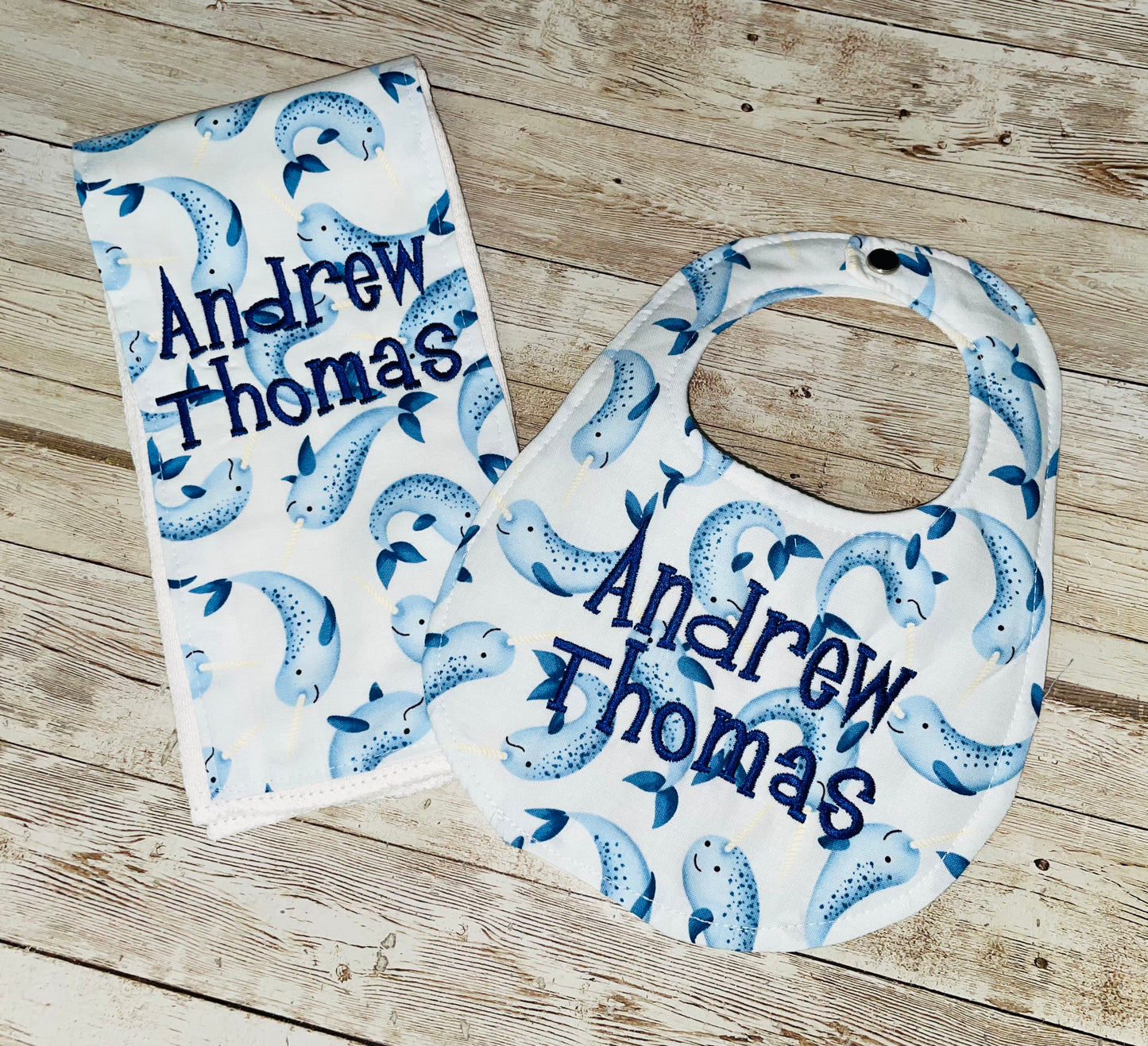 Personalized Boutique Bib and Burp Cloth Set - Narwhal