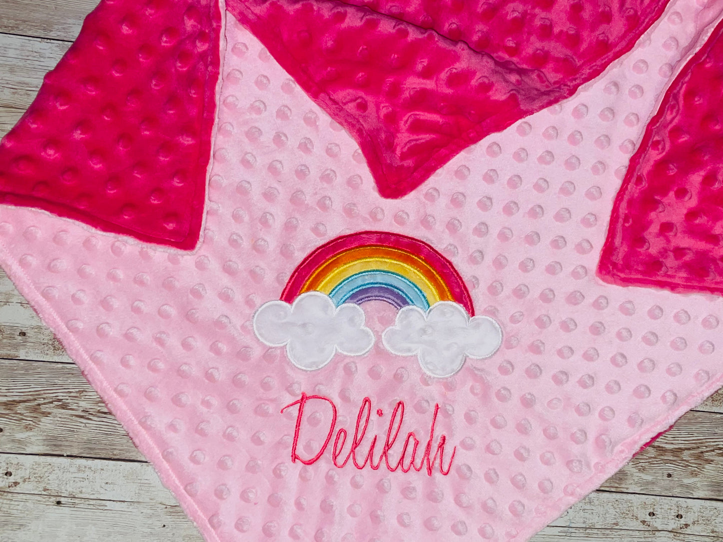 Rainbow -Personalized Minky Blanket - Baby Pink and Fuchsia Minky - Embroidered Rainbow