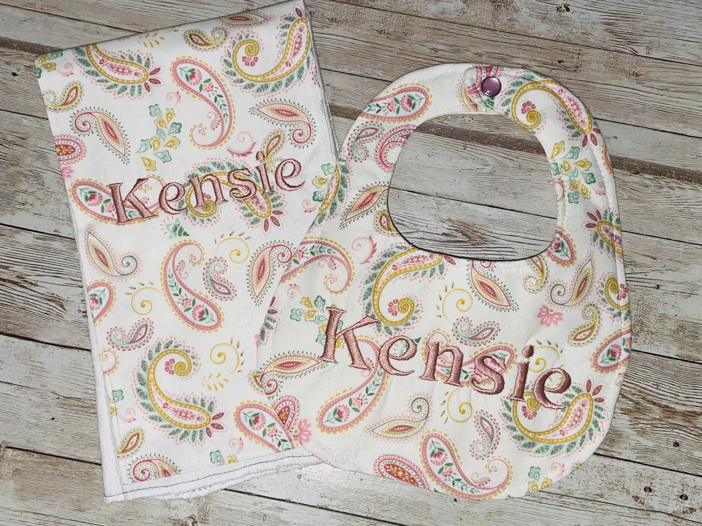 Personalized Boutique Bib and Burp Cloth Set - Paisley