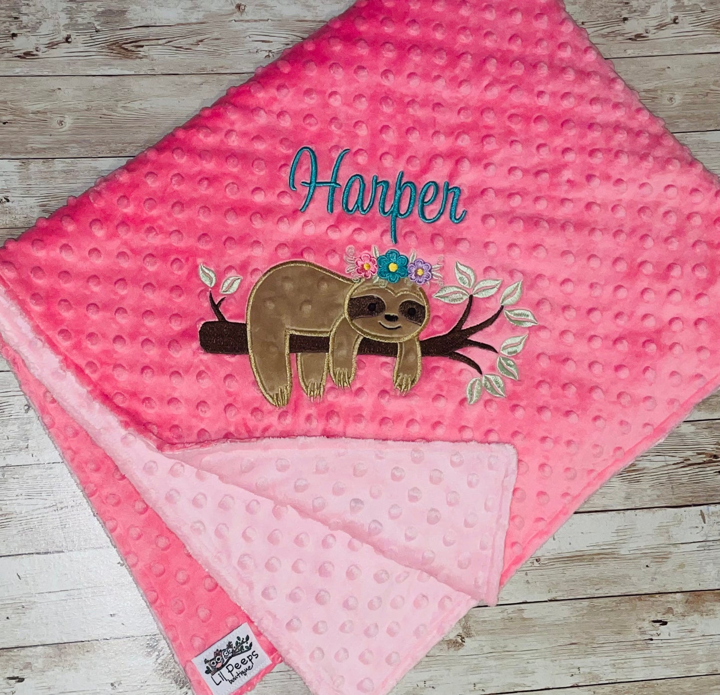 Girl Sloth - Personalized Minky Blanket - Pink Minky - Embroidered Girl Sloth