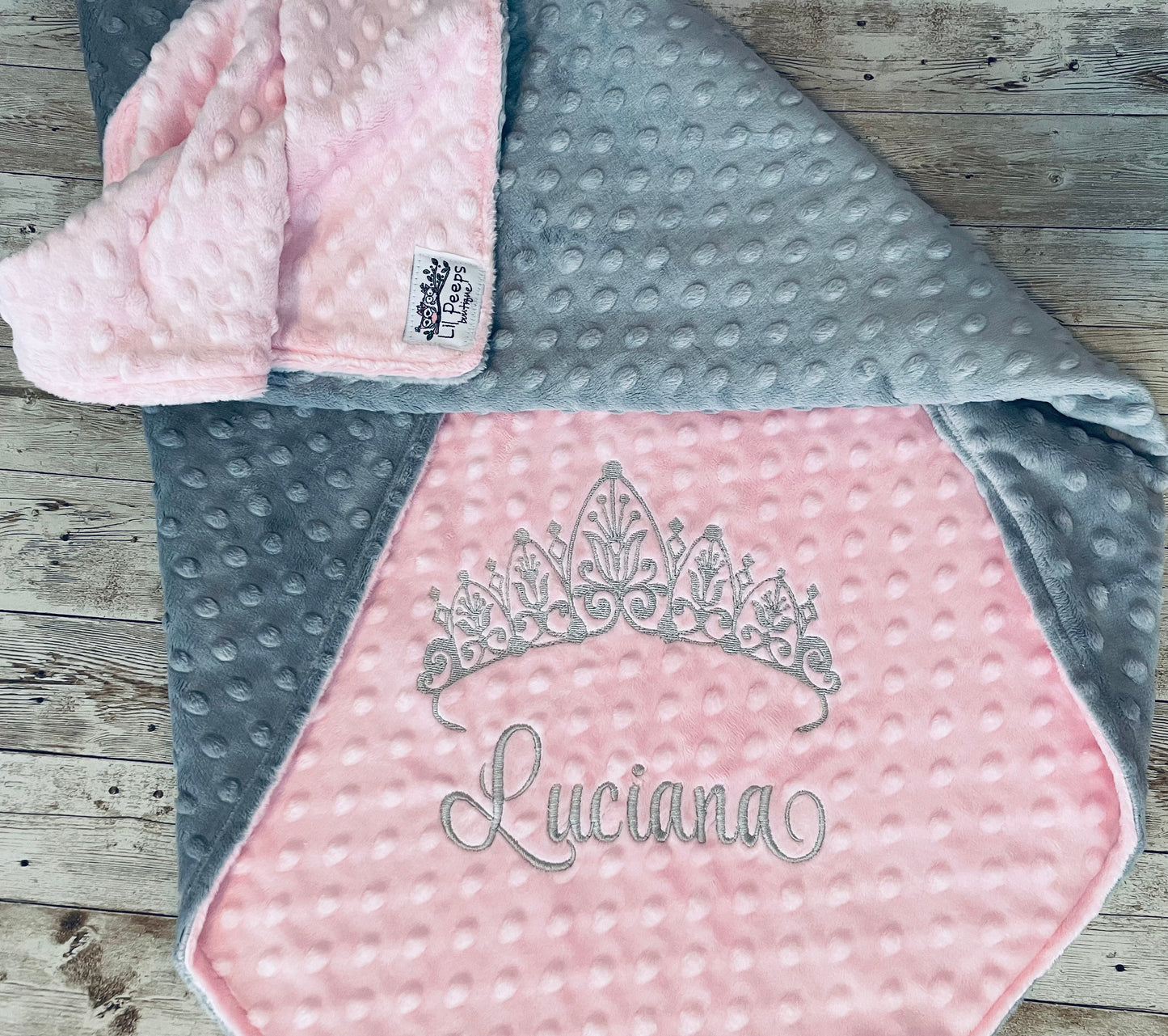 Personalized Crown Minky Blanket - Gray and Pink - Custom Monogram