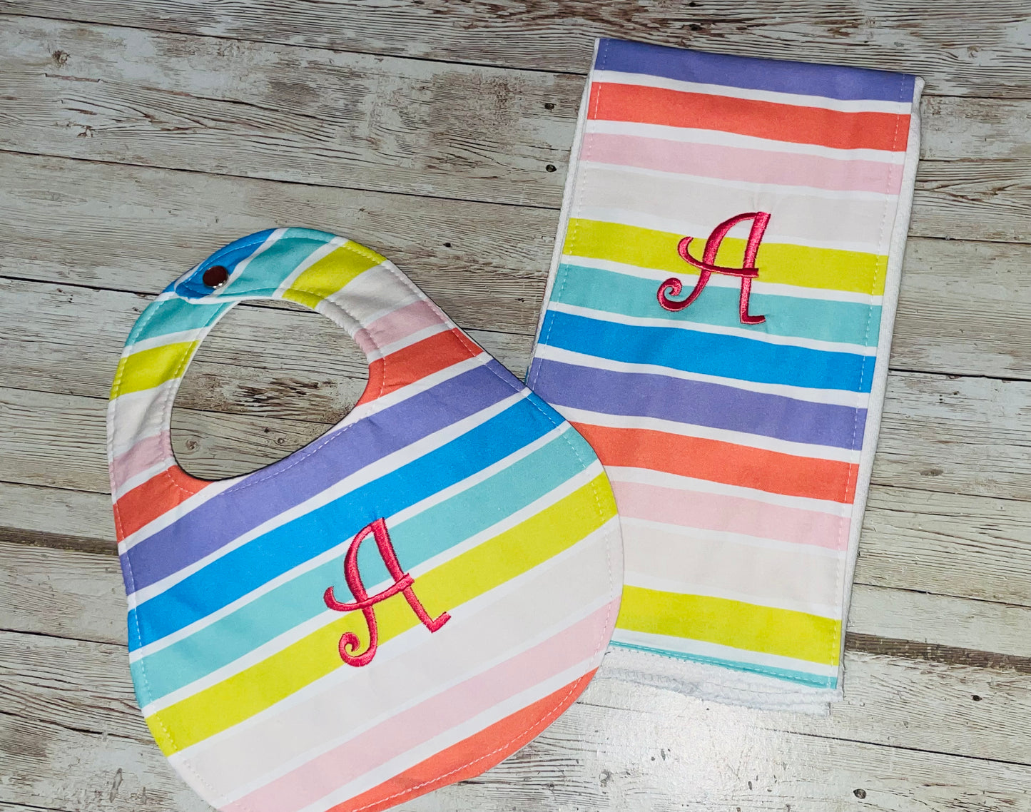 Personalized Rainbow Boutique Bib and Burp Cloth set