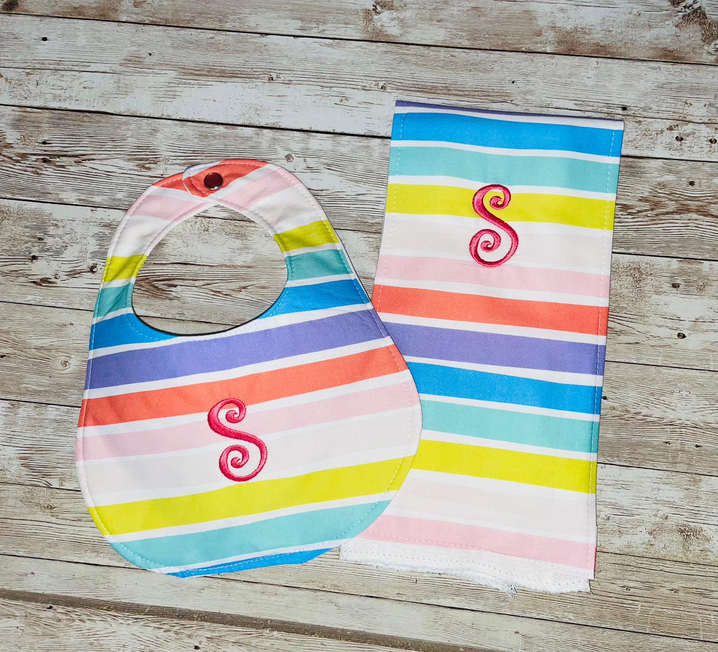 Personalized Rainbow Boutique Bib and Burp Cloth set