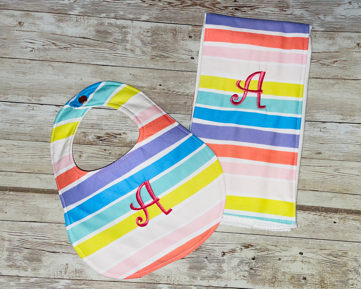 Personalized Rainbow Boutique Bib and Burp Cloth set