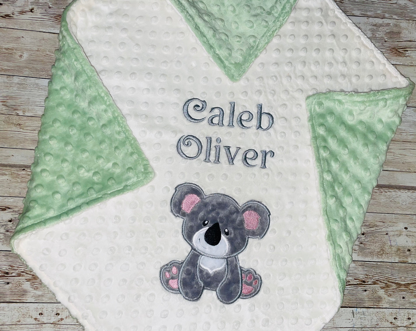 Koala - Personalized Minky Baby Blanket -Cream and Sage Minky