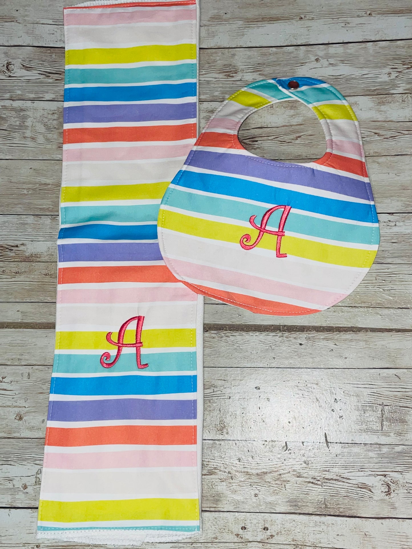 Personalized Rainbow Boutique Bib and Burp Cloth set