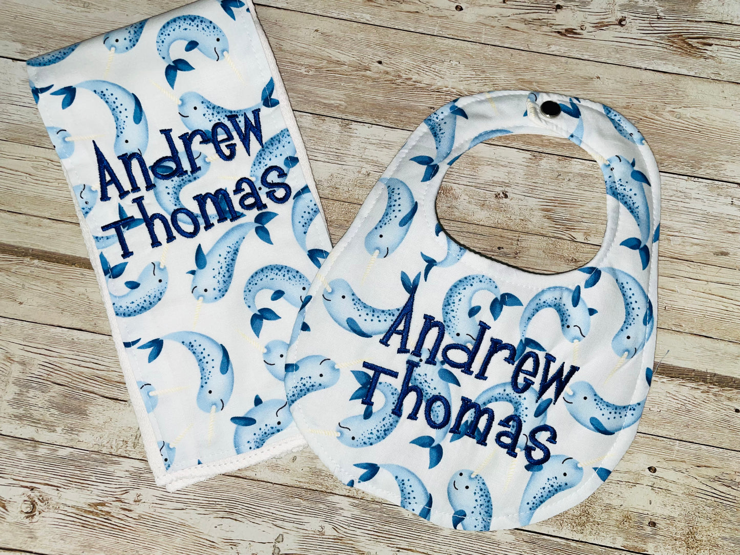 Personalized Boutique Bib and Burp Cloth Set - Narwhal