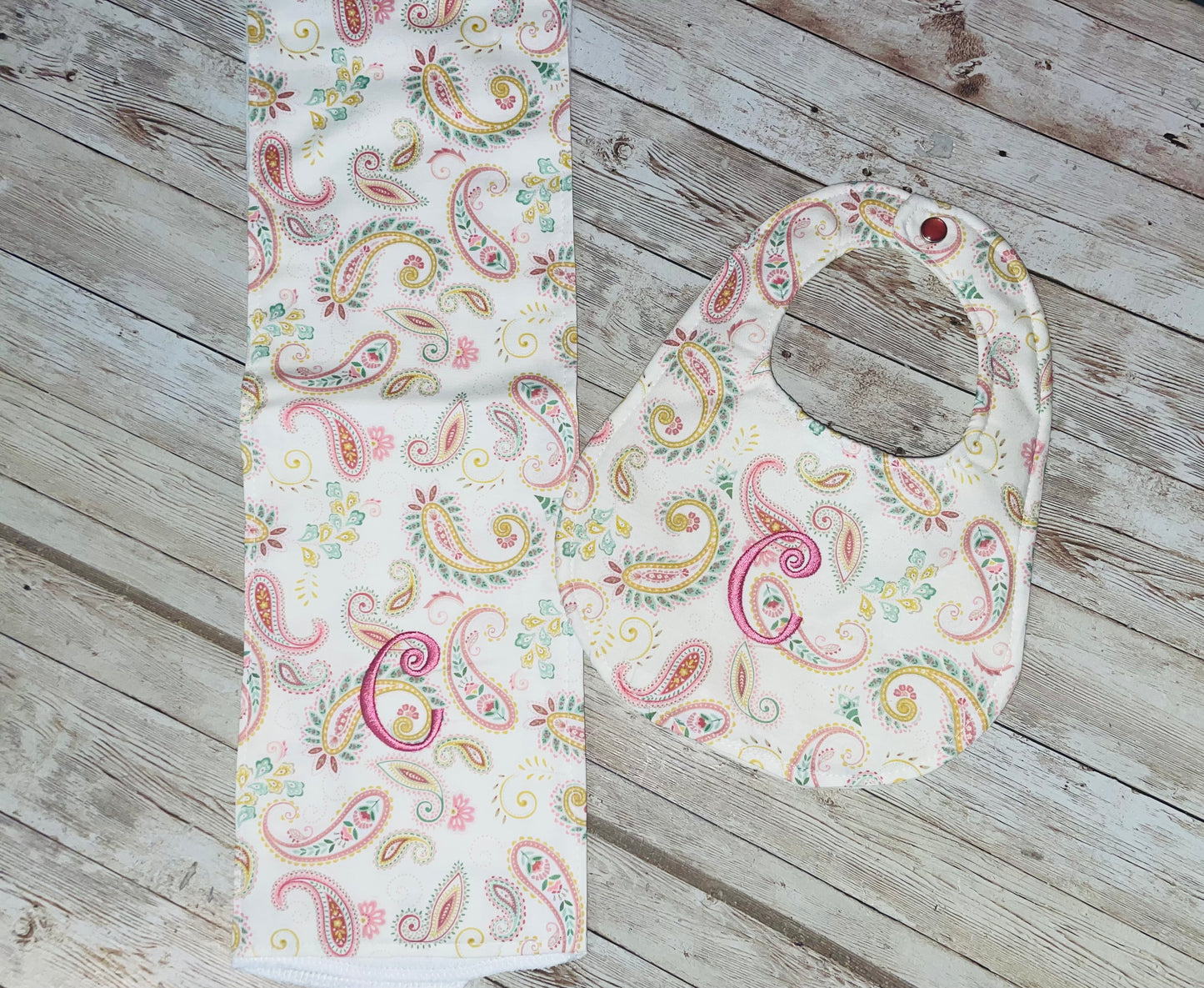 Personalized Boutique Bib and Burp Cloth Set - Paisley