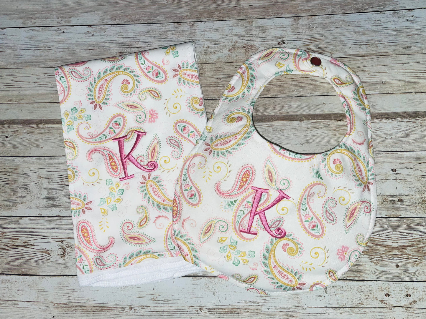 Personalized Boutique Bib and Burp Cloth Set - Paisley