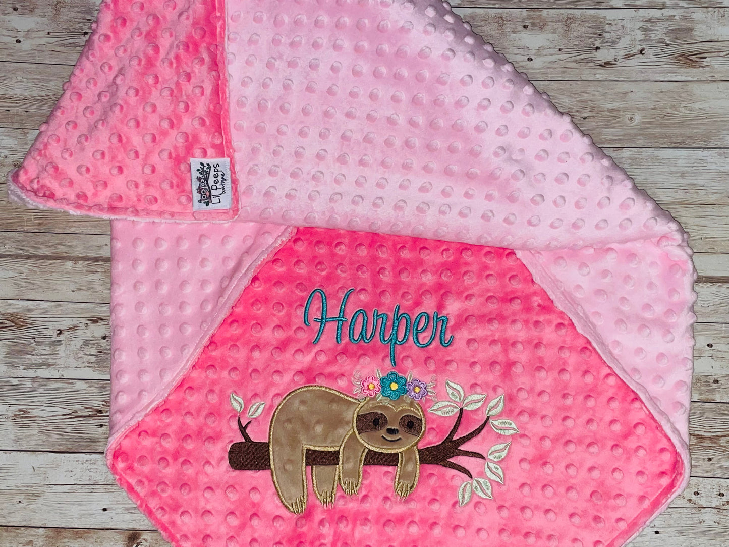 Girl Sloth - Personalized Minky Blanket - Pink Minky - Embroidered Girl Sloth