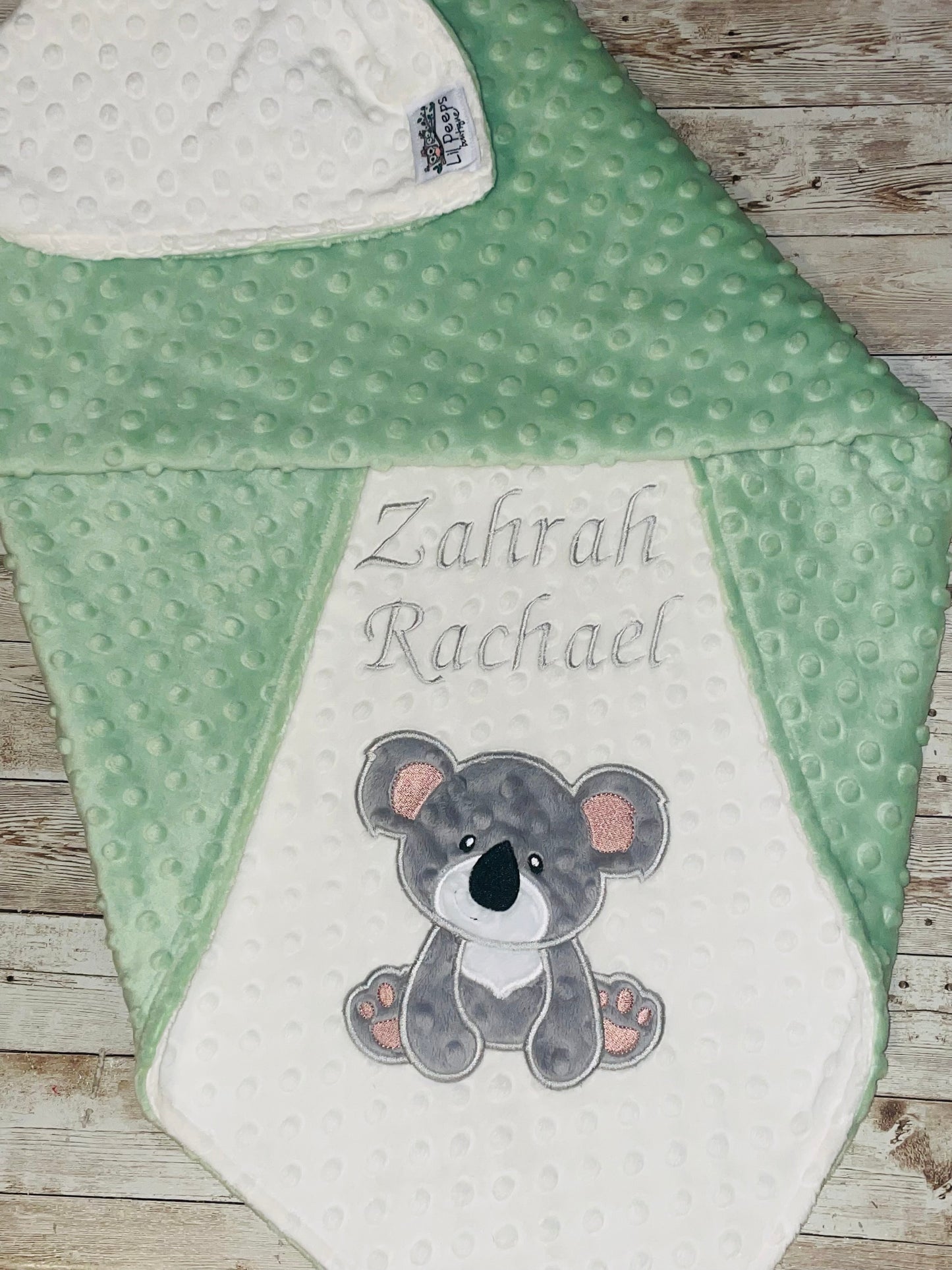 Koala - Personalized Minky Baby Blanket -Cream and Sage Minky