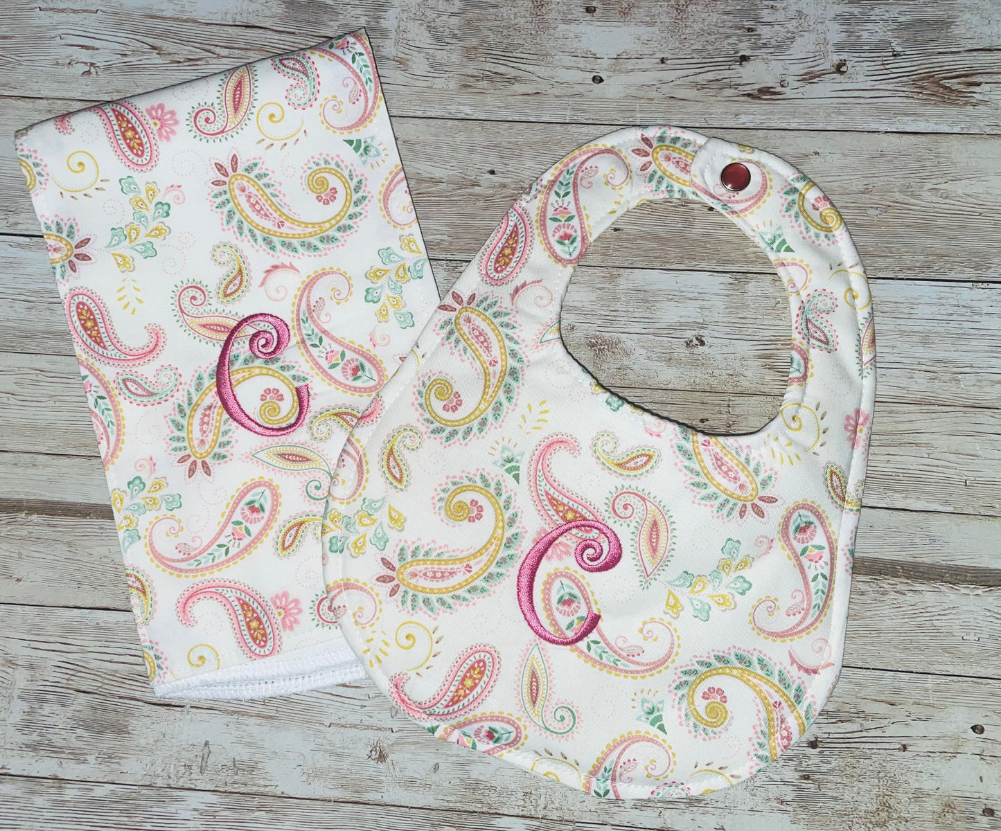 Personalized Boutique Bib and Burp Cloth Set - Paisley