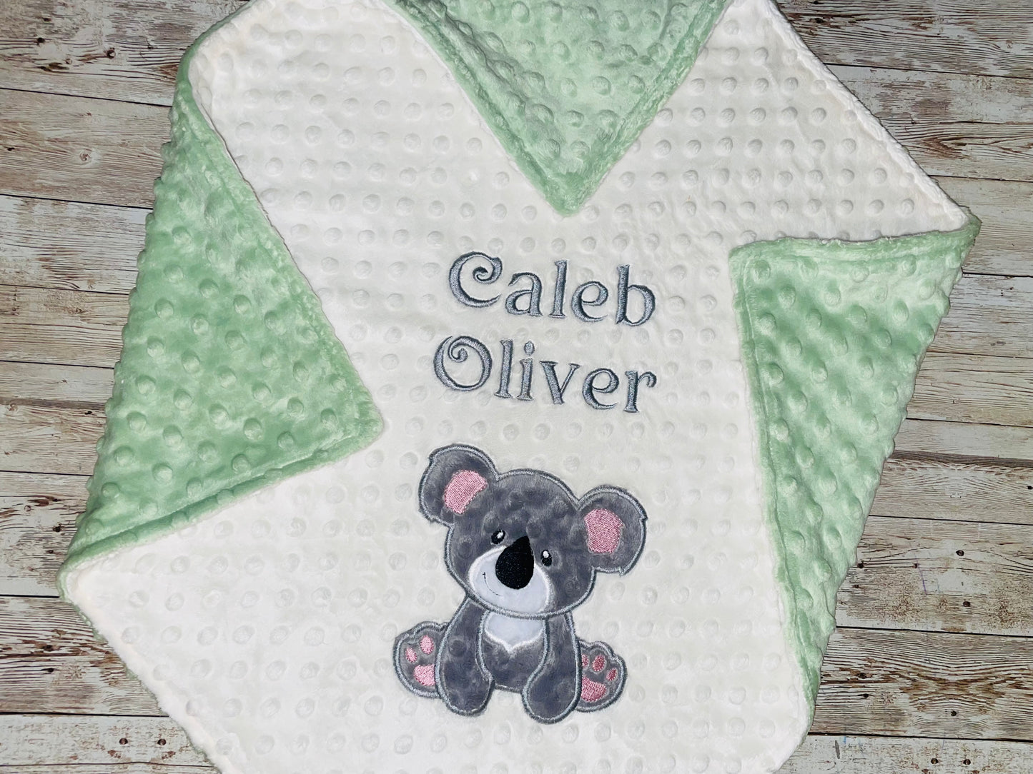 Koala - Personalized Minky Baby Blanket -Cream and Sage Minky