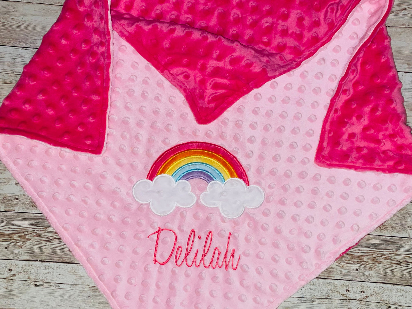 Rainbow -Personalized Minky Blanket - Baby Pink and Fuchsia Minky - Embroidered Rainbow