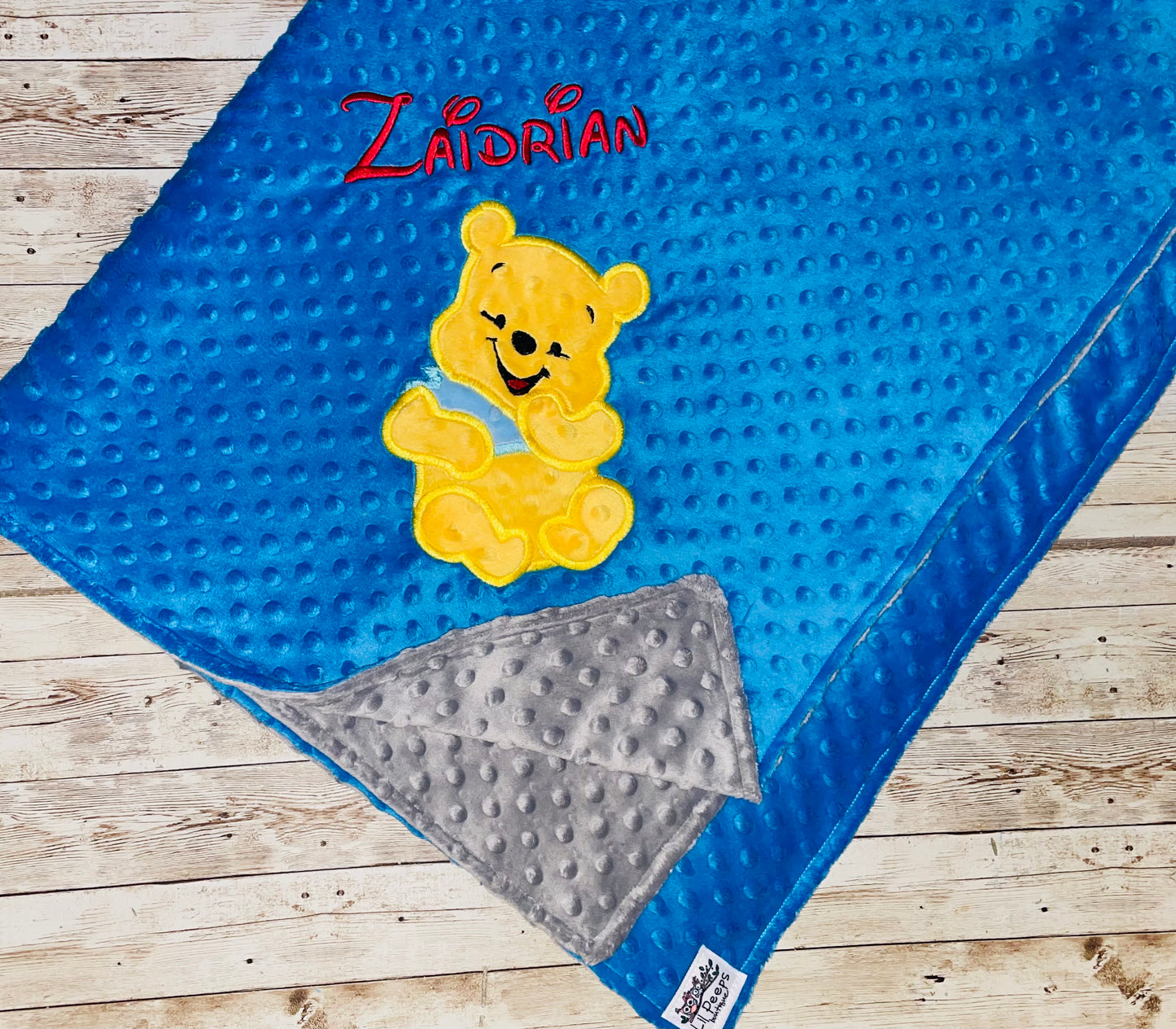 Personalized Winnie the Pooh Minky Baby Blanket - Blue and Gray Minky - Custom Monogram