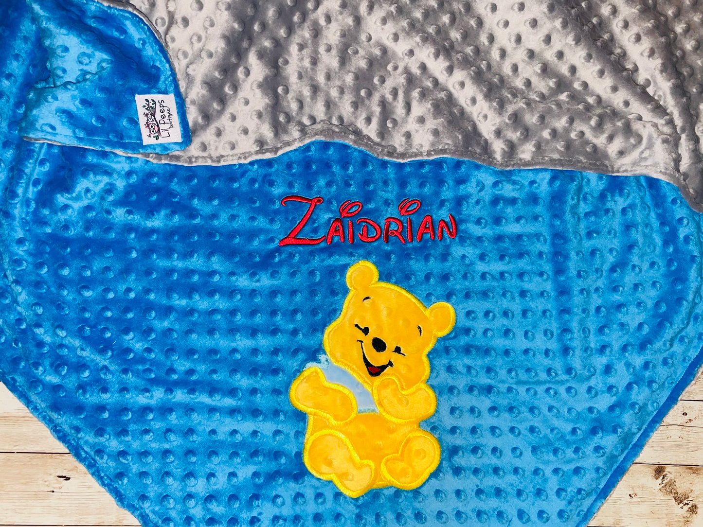 Personalized Winnie the Pooh Minky Baby Blanket - Blue and Gray Minky - Custom Monogram