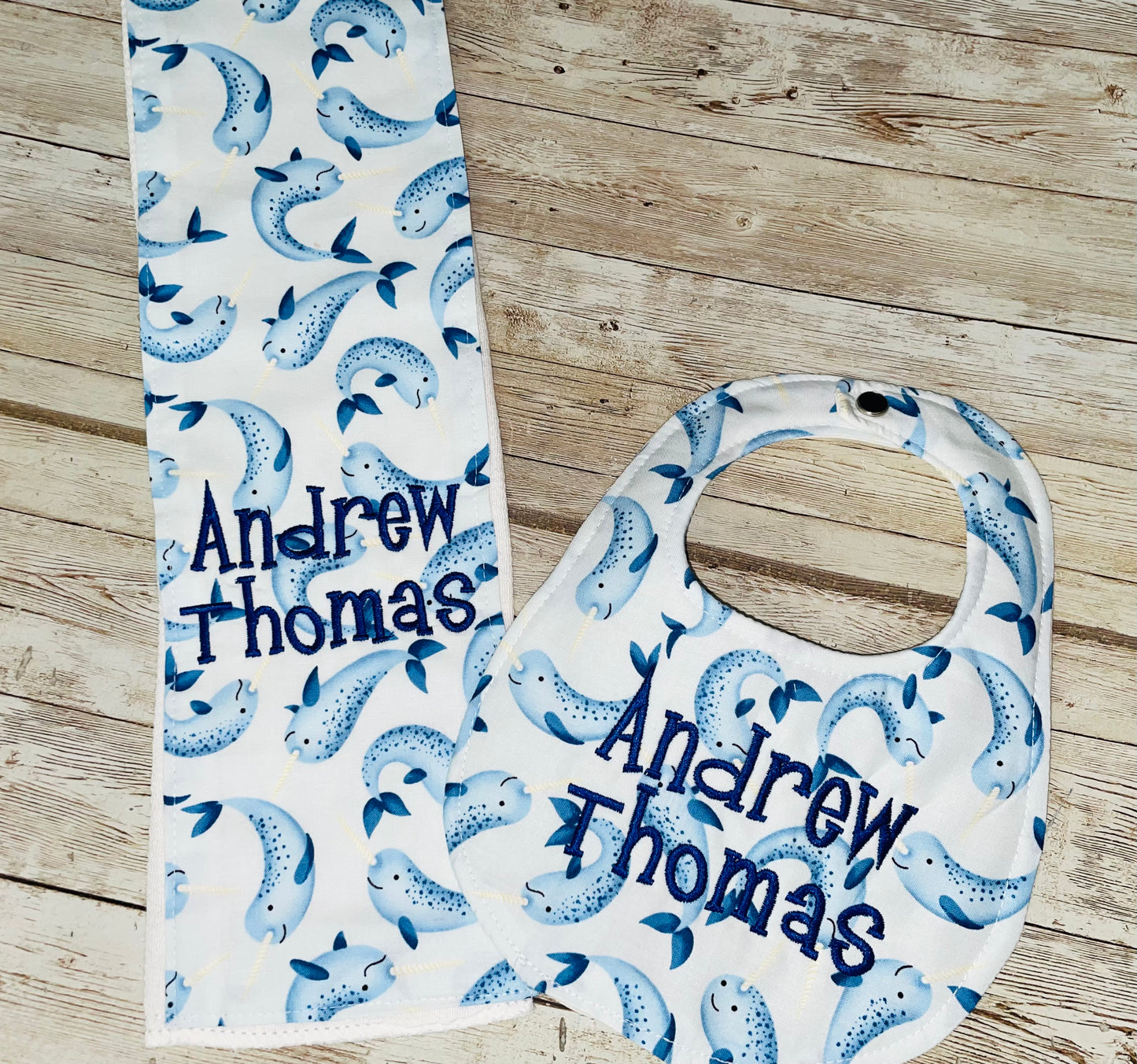 Personalized Boutique Bib and Burp Cloth Set - Narwhal