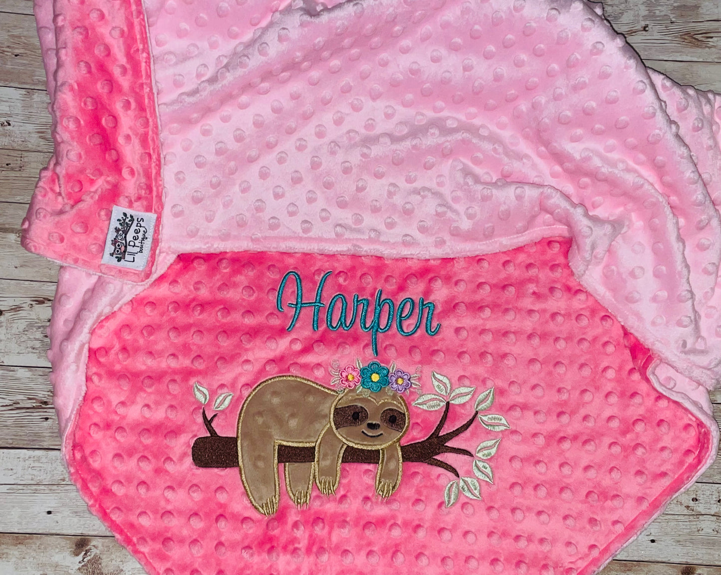 Girl Sloth - Personalized Minky Blanket - Pink Minky - Embroidered Girl Sloth