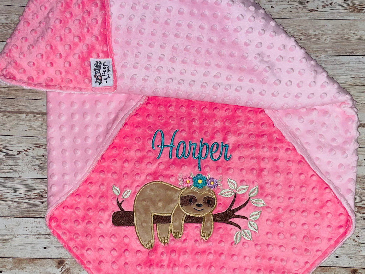 Girl Sloth - Personalized Minky Blanket - Pink Minky - Embroidered Girl Sloth