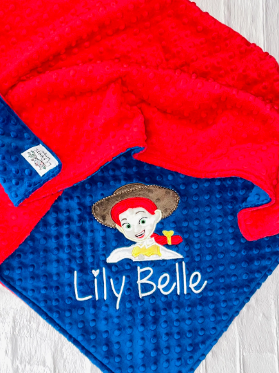 Jesse - Cowgirl - Personalized Minky Baby Blanket -Blue and Red Minky - Toy Story