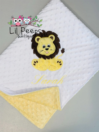 Lion- Personalized Minky Blanket - White and Yellow Minky