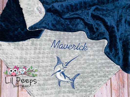 Marlin Fishing -Personalized Minky Baby Blanket -Navy Minky/ Gray Minky - Embroidered Marlin Fish