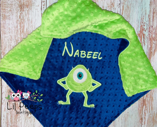 Mike Wazowski - Personalized Minky Baby Blanket -Blue and Lime Minky - Custom Monogram