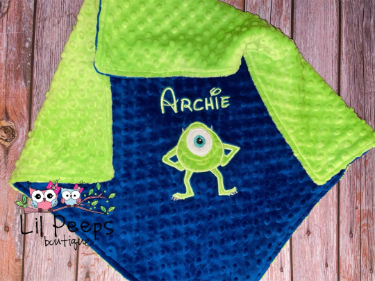 Mike Wazowski - Personalized Minky Baby Blanket -Blue and Lime Minky - Custom Monogram