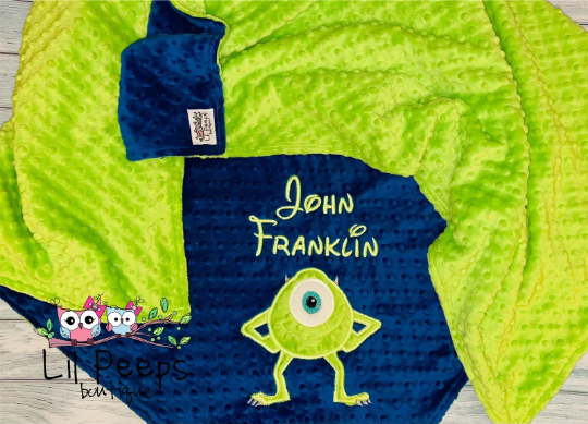 Mike Wazowski - Personalized Minky Baby Blanket -Blue and Lime Minky - Custom Monogram