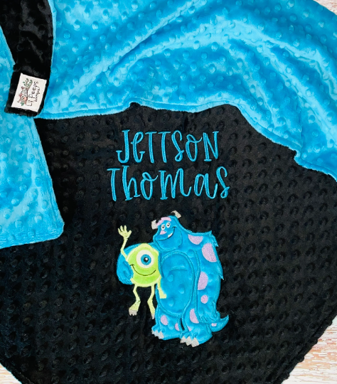 Mike and Sully - Personalized Minky Blanket - Black and Blue Minky