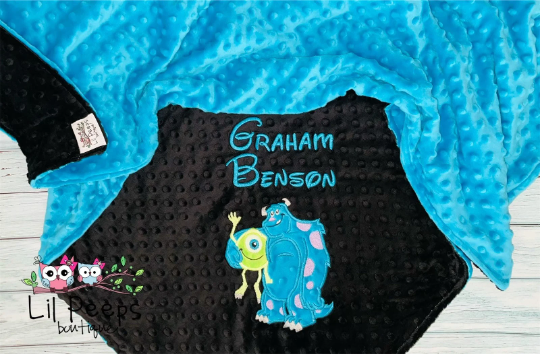 Mike and Sully - Personalized Minky Blanket - Black and Blue Minky