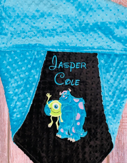 Mike and Sully - Personalized Minky Blanket - Black and Blue Minky