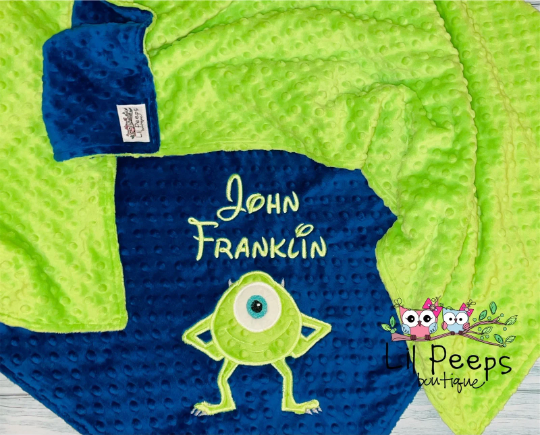 Mike Wazowski - Personalized Minky Baby Blanket -Blue and Lime Minky - Custom Monogram