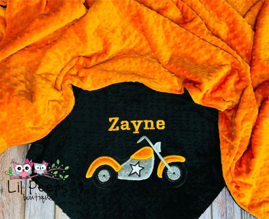 Motorcycle- Personalized Minky Baby Blanket - Black / Orange Minky - Embroidered Motorcycle