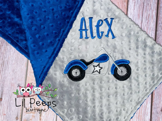 Motorcycle- Personalized Minky Baby Blanket - Gray / Blue Minky - Embroidered Motorcycle