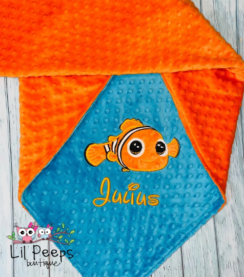 Finding Nemo- Personalized Minky Baby Blanket -Blue and Orange  Minky - Custom Monogram