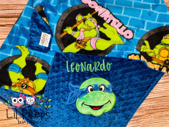 Personalized Ninja Turtle Minky Baby Blanket -  Blue Minky and Character fleece- Custom Monogram